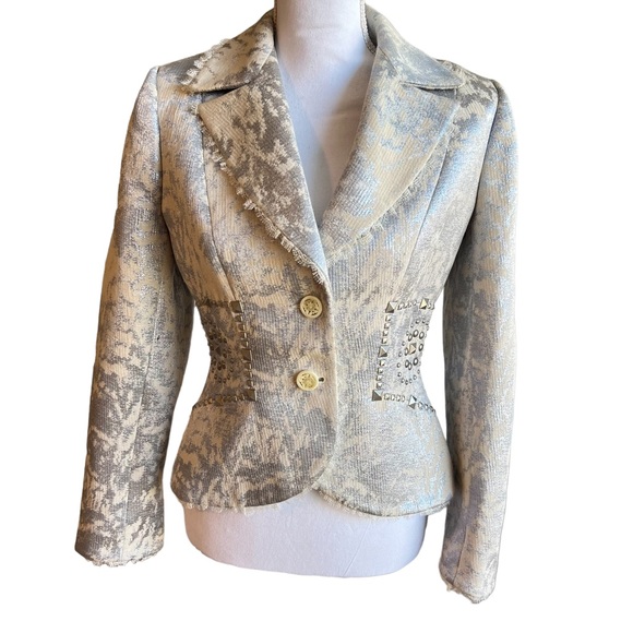 Terry Paris Jackets & Blazers - VINTAGE TERRY PARIS Silver Metallic Print Silver Studded Blazer Jacket SZ 8 | 40